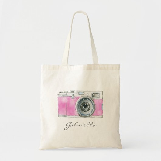 Retro Pink Watercolor Camera Personalized トートバッグ (正面)