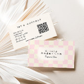 Retro Pink Wavy Checkered Girly Pastel QR Code 名刺