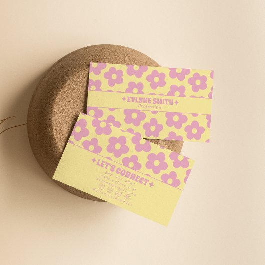 Retro Pink Yellow Groovy Floral Girly Unique 70s 名刺