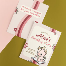 Retro Pink Yellow Pastel Baby Dragon Birthday 招待状