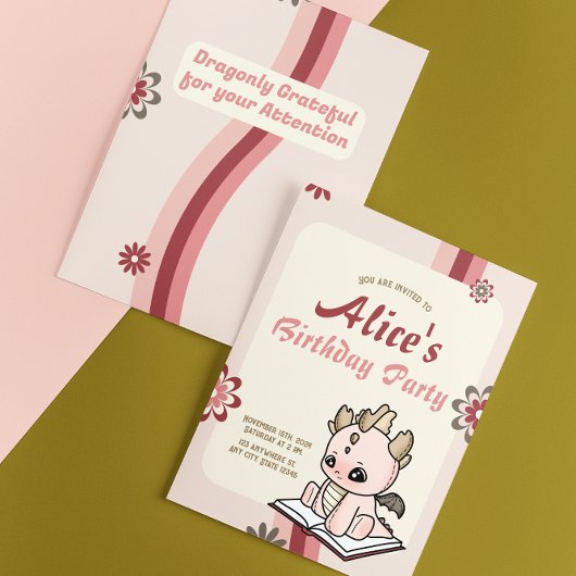Retro Pink Yellow Pastel Baby Dragon Birthday 招待状
