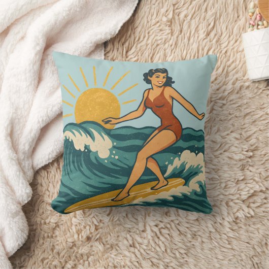 Retro Pinup Surfer Reversible Surfboard Print クッション (ブランケット)