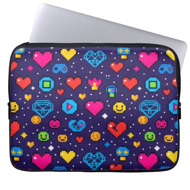 Retro Pixel Art Gaming Padded Laptop Sleeve ラップトップスリーブ (正面)