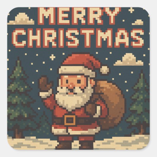 Retro Pixel Art Merry Christmas スクエアシール (正面)