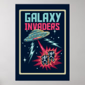 Retro Pixel Art Neon Pink and Teal Galaxy Invaders ポスター (正面)