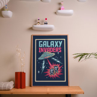 Retro Pixel Art Neon Pink and Teal Galaxy Invaders ポスター