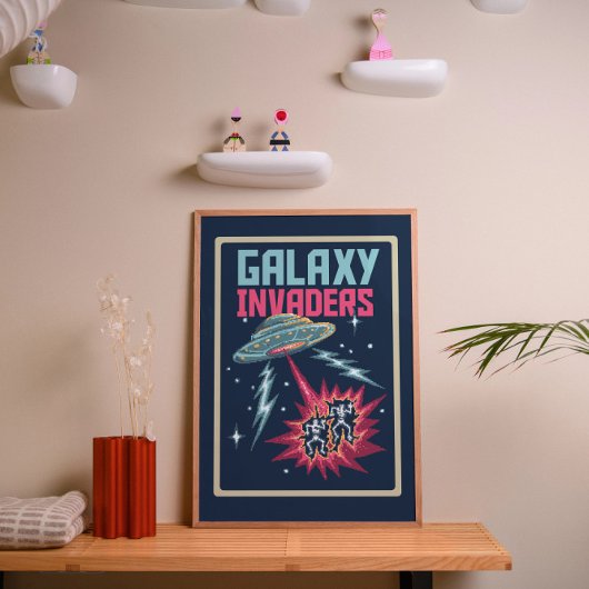 Retro Pixel Art Neon Pink and Teal Galaxy Invaders ポスター