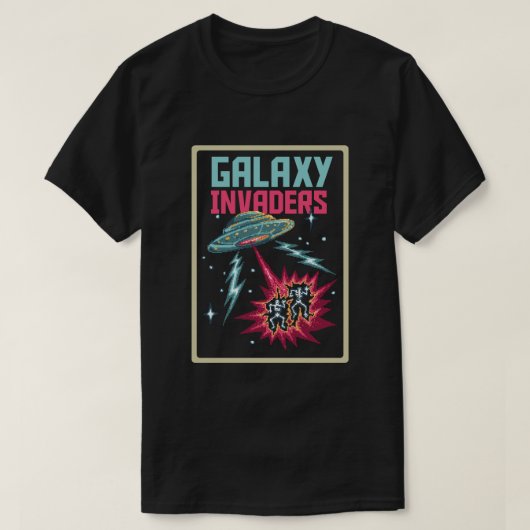 Retro Pixel Art Neon Pink and Teal Galaxy Invaders Tシャツ (デザイン正面)
