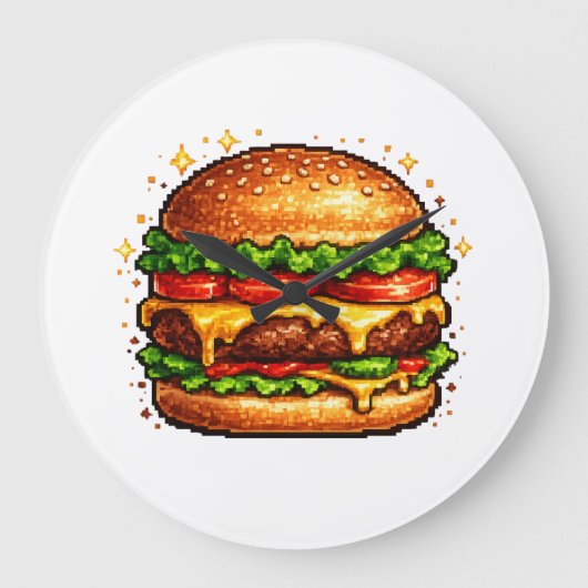Retro Pixel Cheeseburger Clock ラージ壁時計 (正面)