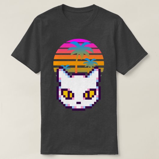Retro Pixel Kitty Cat Palm Trees Sunset Tシャツ (デザイン正面)