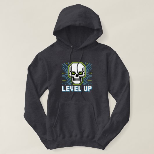 Retro Pixel Level Up Gamer Skull Hoodie パーカ (デザイン正面)