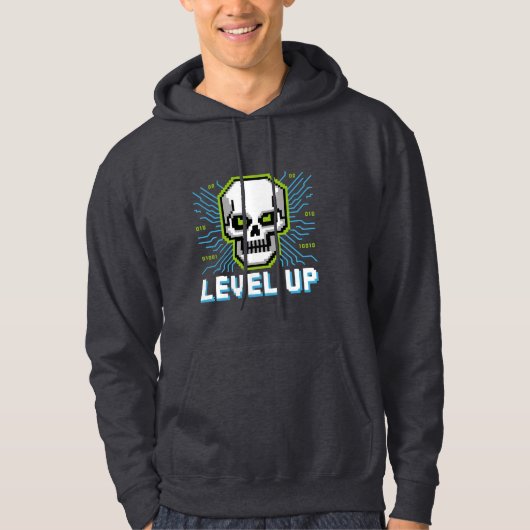 Retro Pixel Level Up Gamer Skull Hoodie パーカ (正面)