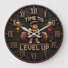 Retro Pixel Weightlifting Gamer Gym Fitness  ラージ壁時計