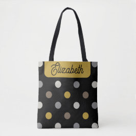 Retro Polka Dots Black Mustard Name Personalized トートバッグ