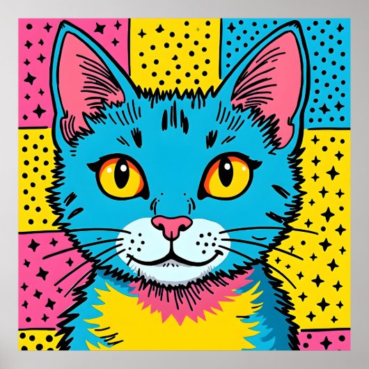 Retro Pop Art 80's Style Blue Cat ポスター (正面)