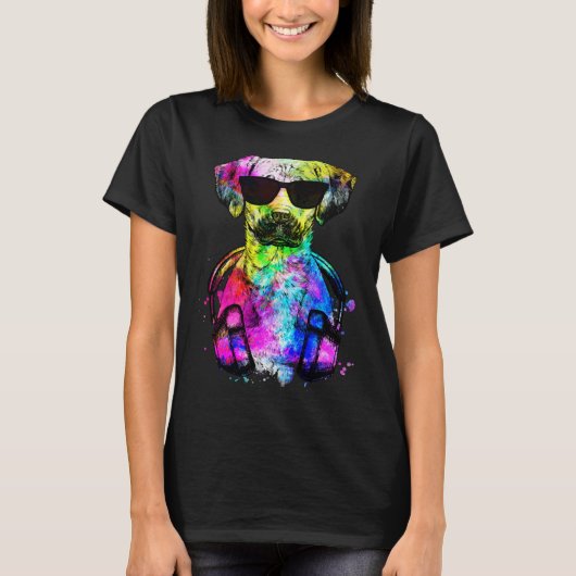 Retro Pop Black Mouth Cur Dog Portrait with Headph Tシャツ (正面)