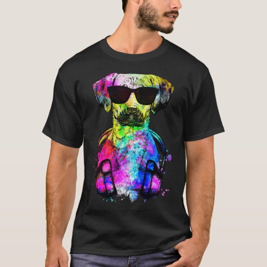 Retro Pop Black Mouth Cur Dog Portrait with Headph Tシャツ (正面)