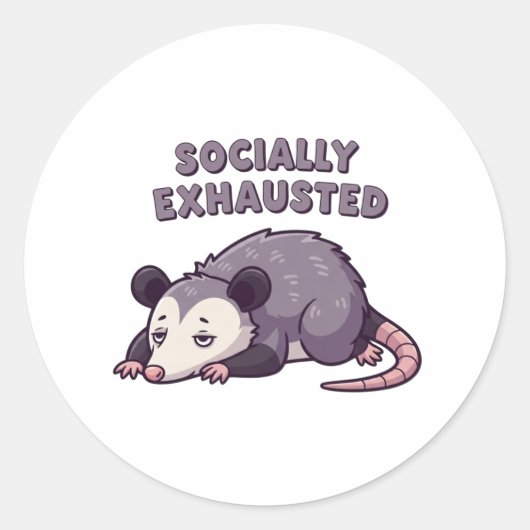 Retro Possum Socially Exhausted Vinyl Sticker ラウンドシール (正面)