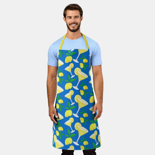 Retro Preppy Yellow Lemons Lemon Drops on Blue エプロン (着用した状態)