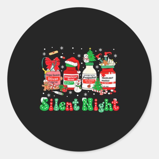 Retro Profol Silent Night Icu Nurses Funny Merry C ラウンドシール (正面)