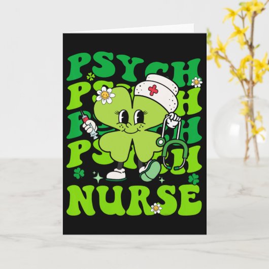 Retro Psych Nurse St Patricks Day Shamrock Stethos カード (黄色い花)