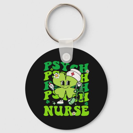 Retro Psych Nurse St Patricks Day Shamrock Stethos キーホルダー (正面)