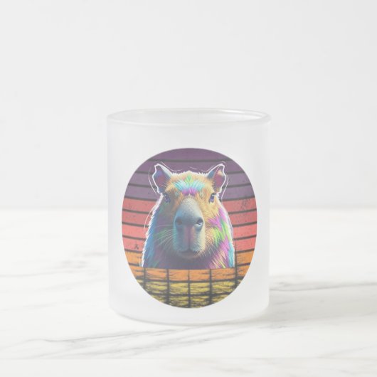 Retro Psychedelic Capybara Rainbow Sunset Glass フロストグラスマグカップ (中央)