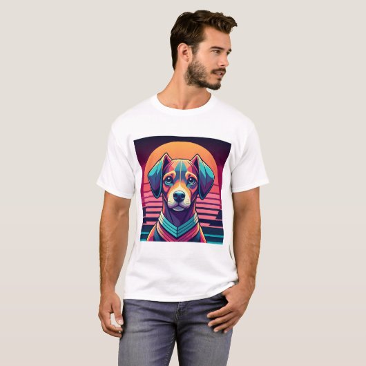 Retro Pulse Pup 80s Sunset Vibes Tシャツ (正面フル)