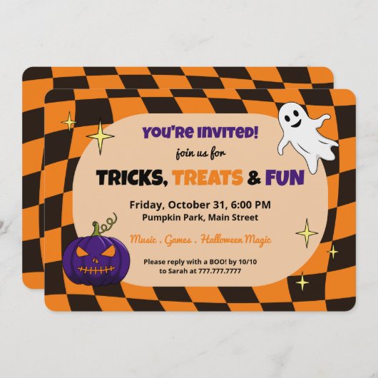 Retro Pumpkin Halloween Kids Party Invitation 招待状 (正面/裏面)