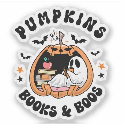 Retro Pumpkins Books & Boos Ghost Halloween シール (正面)