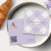 Retro Purple Bakery Gingham QR Code Photo スクエア名刺