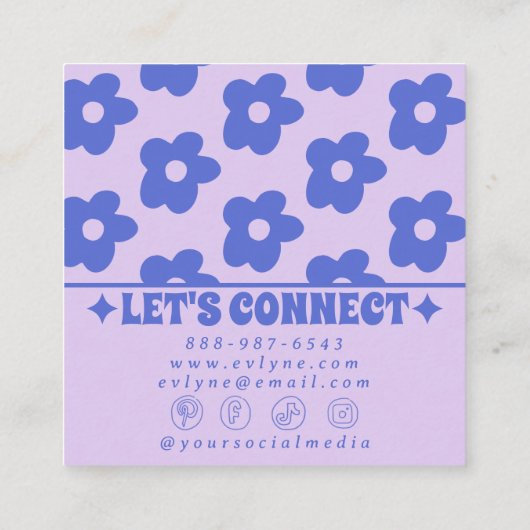 Retro Purple Blue Groovy Floral Trendy Fun Boho スクエア名刺 (裏面)