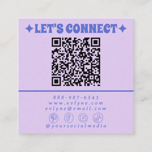 Retro Purple Blue QR Code Groovy Floral Trendy Fun スクエア名刺 (裏面)