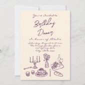 Retro Purple Drawn Birthday Dinner Party Photo 招待状 (正面)