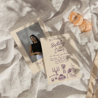 Retro Purple Drawn Birthday Dinner Party Photo 招待状