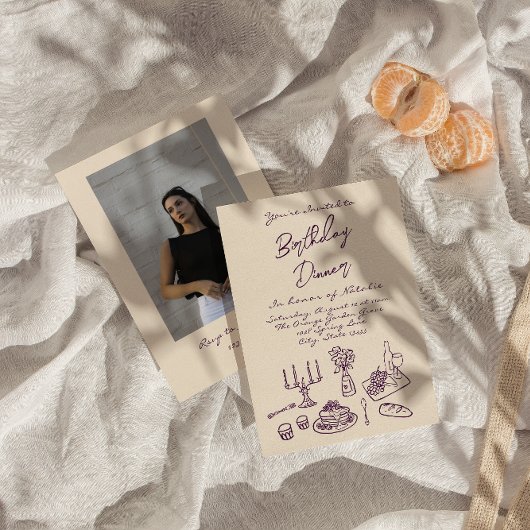 Retro Purple Drawn Birthday Dinner Party Photo 招待状