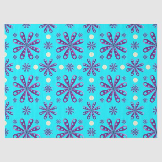 Retro Purple Flowers on Blue Background 薄葉紙 (正面)
