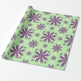 Retro Purple Flowers on Green Background ラッピングペーパー