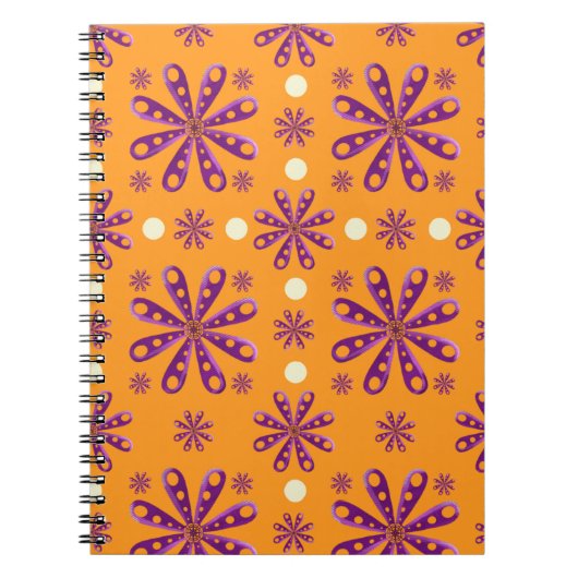 Retro Purple Flowers on Orange Background ノートブック (正面)