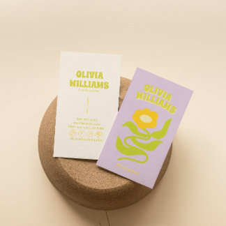 Retro Purple Green Groovy Colorful Floral Funky 名刺