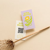 Retro Purple Green QR Code Groovy Trendy Floral 名刺