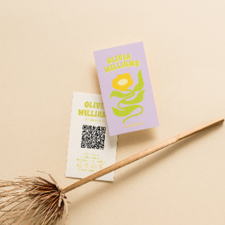 Retro Purple Green QR Code Groovy Trendy Floral 名刺