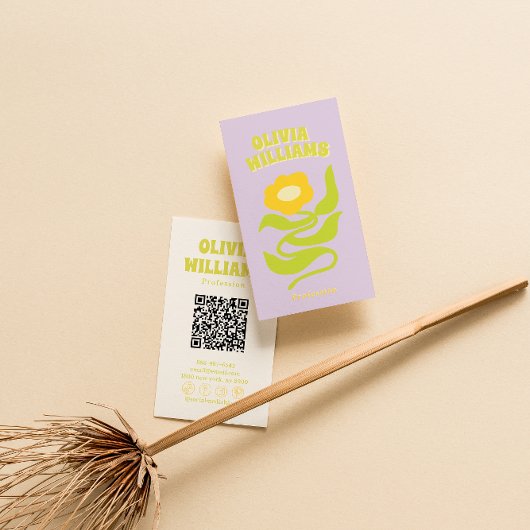 Retro Purple Green QR Code Groovy Trendy Floral 名刺