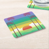 Retro Purple Sunset Palm Trees Art スクエアペーパーコースター (アングル)