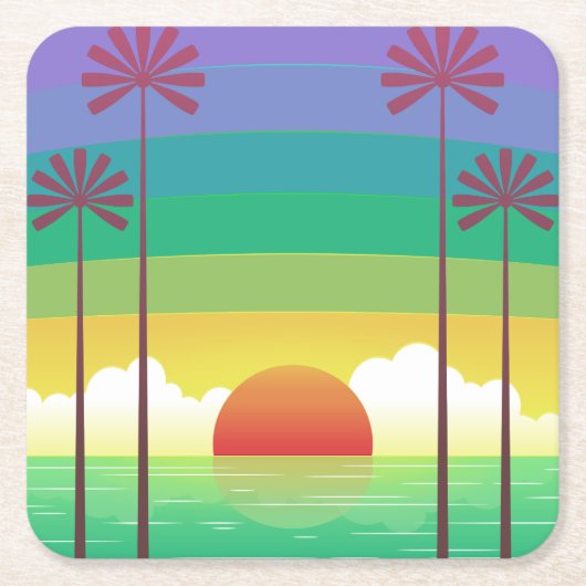 Retro Purple Sunset Palm Trees Art スクエアペーパーコースター (正面)