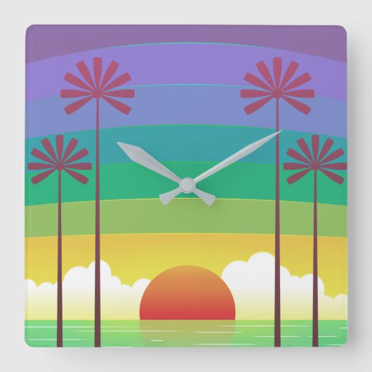 Retro Purple Sunset Palm Trees Art スクエア壁時計 (正面)