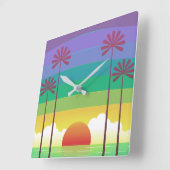 Retro Purple Sunset Palm Trees Art スクエア壁時計 (傾斜)