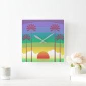 Retro Purple Sunset Palm Trees Art スクエア壁時計 (ホーム)