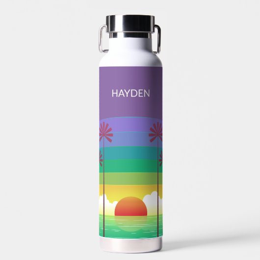 Retro Purple Sunset Palm Trees Art Personalised ウォーターボトル (正面)