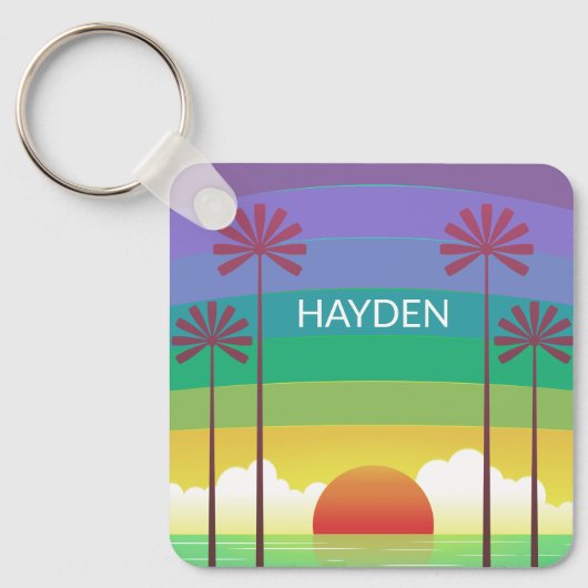 Retro Purple Sunset Palm Trees Art Personalised キーホルダー (正面)